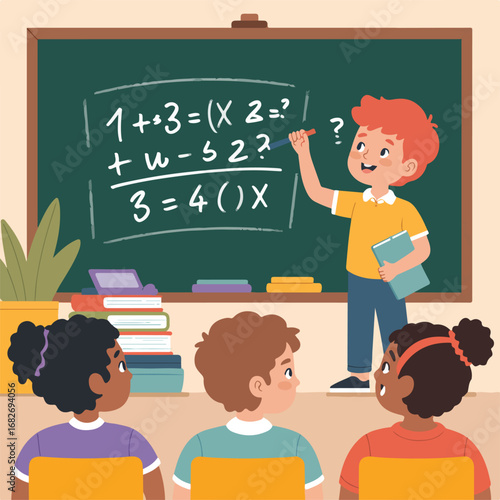A boy is teaching math to the students in the classroom illustration