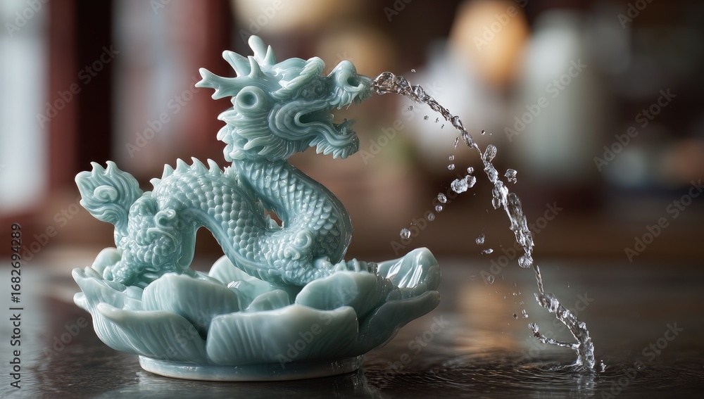 Obraz premium Ceramic dragon fountain, teal-blue, water spray