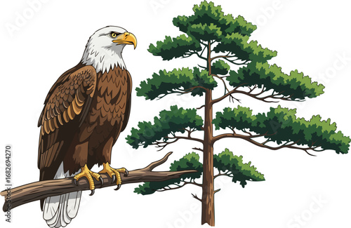 majestic bald eagle perched on branch a symbol of freedom and american pride, isolated on transparent background