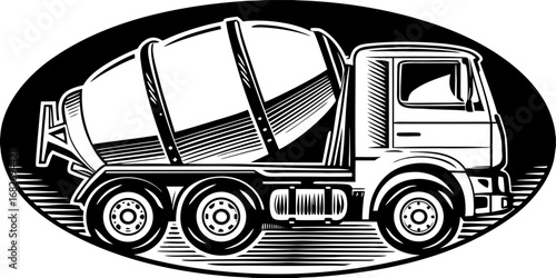 Concrete Mixer Truck: A detailed monochrome illustration of a heavy-duty concrete mixer truck, showcasing the essential elements of the vehicle in a clean, graphic style.