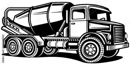 Concrete Mixer Truck: A monochromatic illustration of a robust concrete mixer truck, essential for construction projects, showcasing its design and function. 
