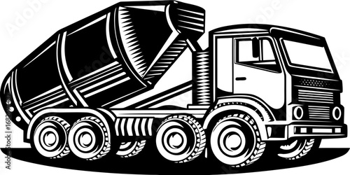 Cement Mixer: A robust cement mixer truck, captured in a striking black and white illustration, ready to deliver essential construction materials.