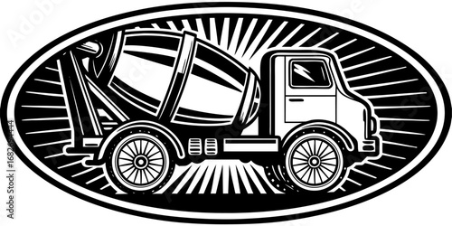 Concrete Mixer Truck Icon: A detailed, monochromatic illustration showcases a concrete mixer truck in profile, suggesting industrial strength and efficiency.