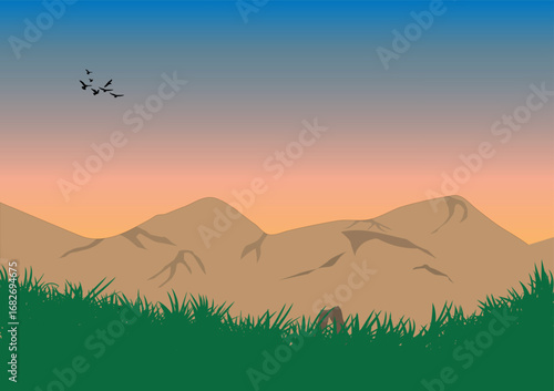 Mountain range landscape illustration at sunset simple design Vector