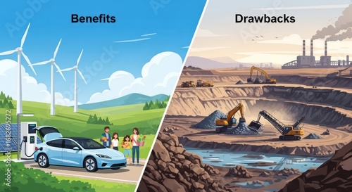 Contrasting Renewable Energy Benefits with Fossil Fuel Drawbacks, Illustrated Concept