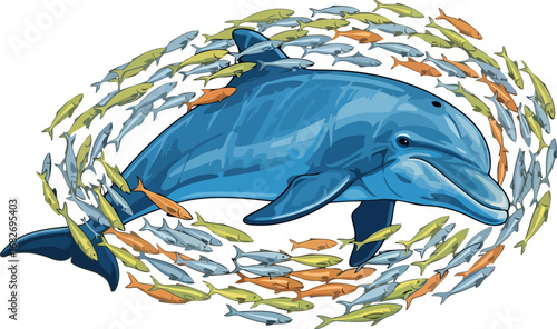 oceans symphony majestic dolphin and swirling school of fish, isolated on transparent background