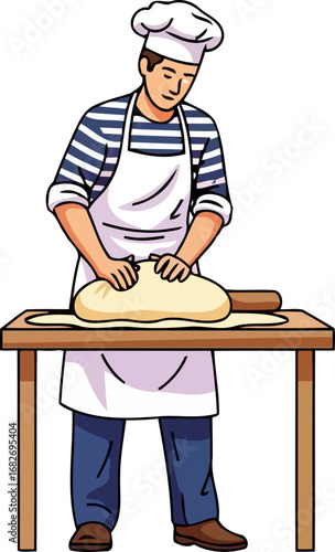 passionate baker kneading dough artisan bread making, culinary artistry, delicious homemade food, isolated on transparent background