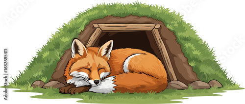 peaceful foxs den a serene slumber near rustic burrow, isolated on transparent background