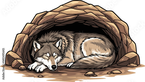 peaceful slumber of a gray wolf deep rest in a rocky den, wilderness sanctuary, isolated on transparent background