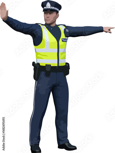 police officer directing traffic safety, order, and urban control, isolated on transparent background