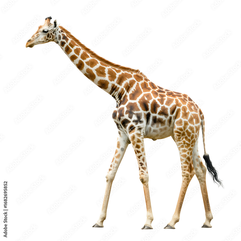 Naklejka premium Majestic giraffe isolated on walking gracefully transparent background