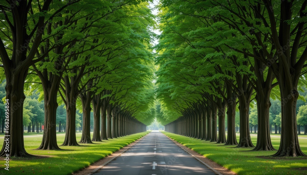 Obraz premium Majestic Tree-Lined Avenue Leading to a Distant Horizon Under Soft Sunlight
