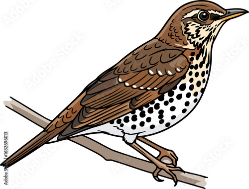songbird on branch a detailed illustration of a spotted bird, brown and white plumage, perched gracefully in nature, isolated on transparent background
