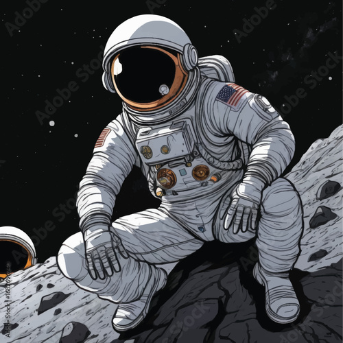 Astronaut Crouching on Lunar Surface with American Flag Patch