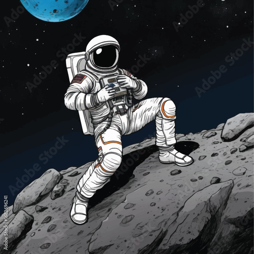 Astronaut Exploring Rocky Terrain with a Distant Blue Planet in Space