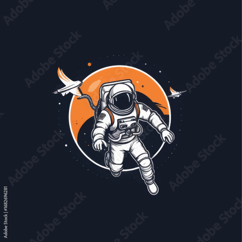 Astronaut Floating in Space with Rocket and Orange Celestial Body