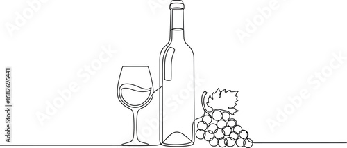 Wine bottle glass and grapes continuous line drawing vector art