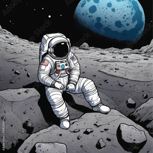 Astronaut Seated on Lunar Surface with Earthlike Planet in Background