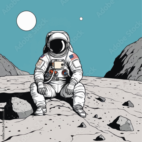 Contemplative astronaut sits crosslegged on a desolate lunar landscape
