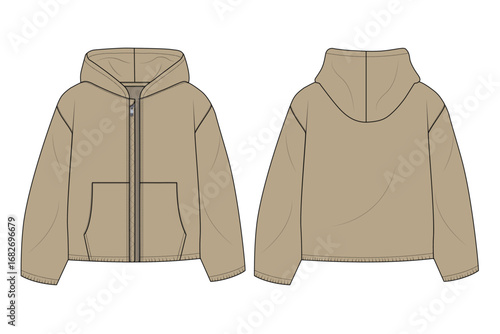 Kangaroo Pocket Modern Grey Sweatshirt with Hood -Clothing Flat Drawing. Hoodie Template for Apparel Design - Technical Fashion Sketch. Hoodie Fashion Flat Sketch with Zipper and Pocket. Boys hoodie