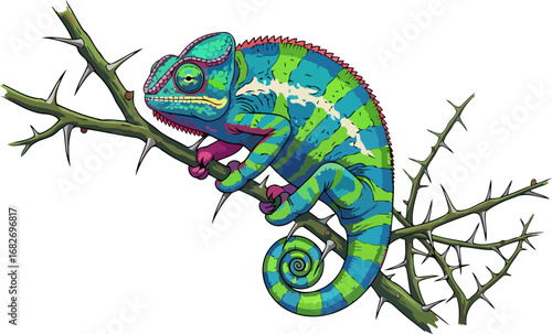vibrant chameleon on thorny branch a masterpiece of natures color palette, isolated on transparent background