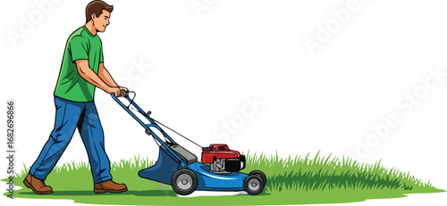 weekend chore man mowing green lawn with blue push lawnmower, isolated on transparent background