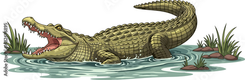 wild nile crocodile predator open jaws, rippling water, majestic power, isolated on transparent background