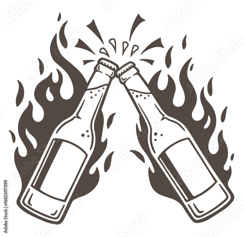 Two beer bottles clinking in a toast with flames for celebration and excitement