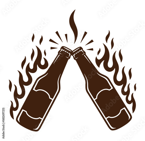 Two beer bottles clinking with fire and burst elements vector illustration for celebration