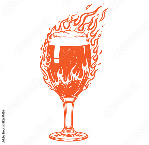 Vector illustration of a fiery pint glass of beer with flame style outline