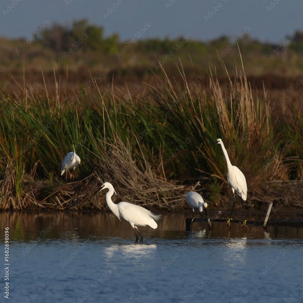 Fototapeta premium Three egrets in a marsh