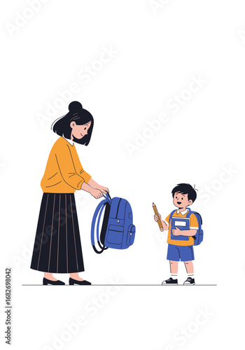 Mother helping young child pack backpack for first day of school preparing for academic journey together
