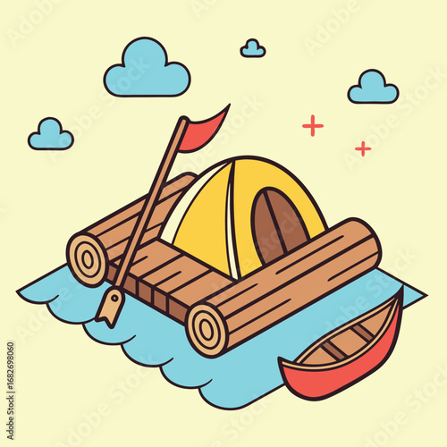Vector art of cartoon raft with tent and canoe floating on water with clouds and sun in the sky