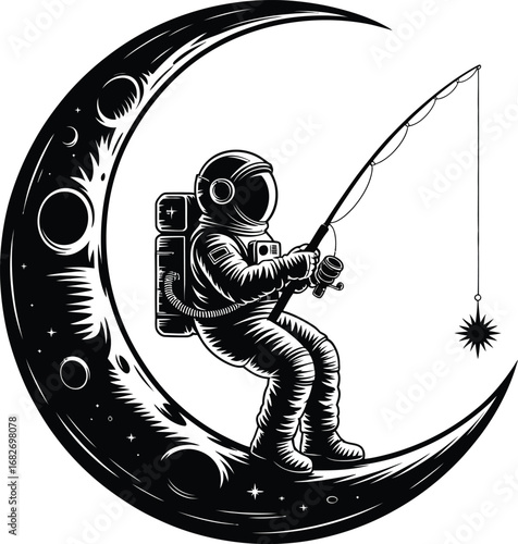 Astronaut fishing a star with a crescent moon silhouette