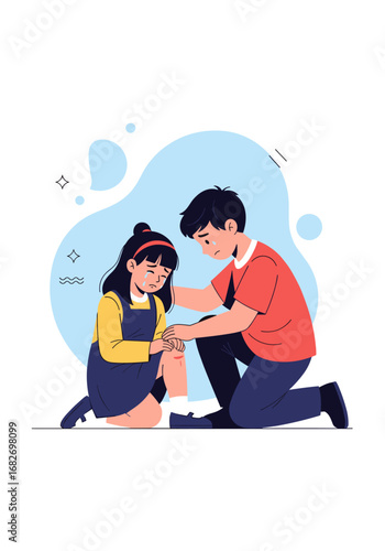 A kind boy comforts his sister after she scrapes her knee helping her feel better through gentle care and support