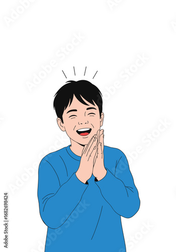 Young man expressing joy and gratitude with hands clasped in excitement and a happy smile showing pure delight and anticipation for good things to come