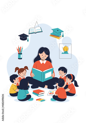 Engaging teacher shares knowledge with young students during a captivating storytelling session fostering early childhood education and development