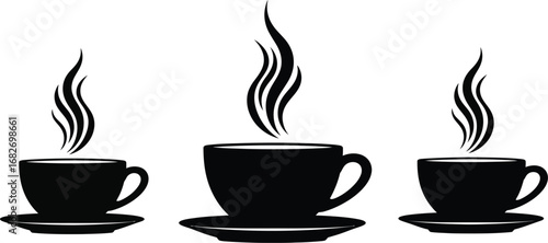 Three cups of coffee with steam black and white vector graphic