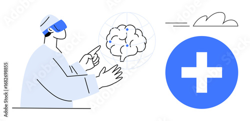 Medical professional with VR headset interacting with brain hologram and blue medical cross. Ideal for healthcare innovation, technology, telemedicine, neuroscience, digital diagnostics, virtual