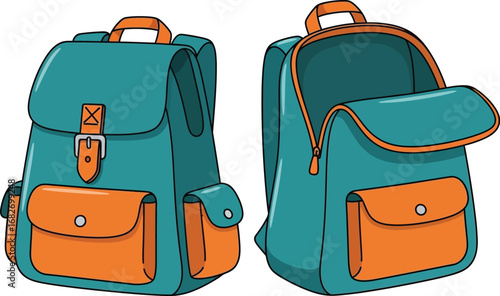 Cartoon backpacks school bags travel gear rucksacks illustration