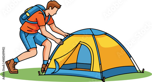 adventure awaits setting up camp, backpacker pitches tent in nature, isolated on transparent background