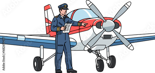 airplane preflight checklist pilots focused inspection before takeoff, isolated on transparent background