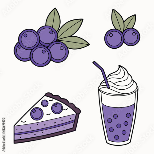 Vector art of set of blueberry desserts and drinks, including a slice of cake, a smoothie, and fresh berries, isolated on a