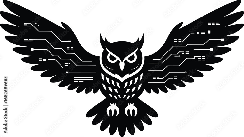 Obraz premium Futuristic electronic owl with circuit board wings silhouette