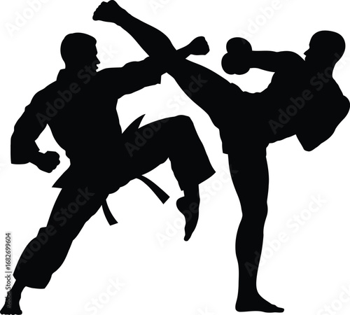 Dynamic kickboxing sparring training action silhouette