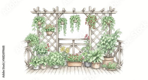 Watercolor Terrace with Potted Plants and Climbing Vines Illustration