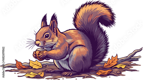 charming autumn squirrel a delightful woodland creature enjoying natures bounty amidst fallen leaves, isolated on transparent background
