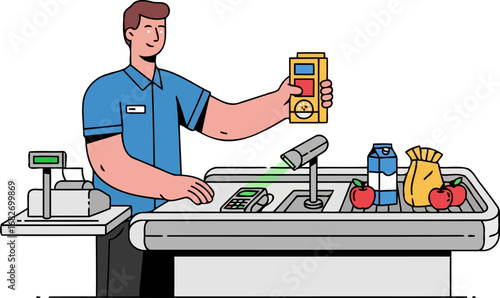 checkout counter friendly cashier assisting customer with groceries, isolated on transparent background