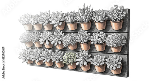 Arrangement of potted succulents display with diverse textures and forms