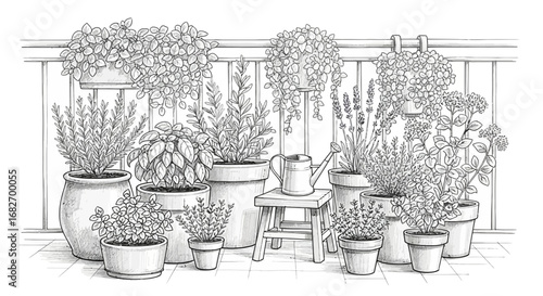 Artistic illustration of a vibrant potted herb garden on an apartment balcony